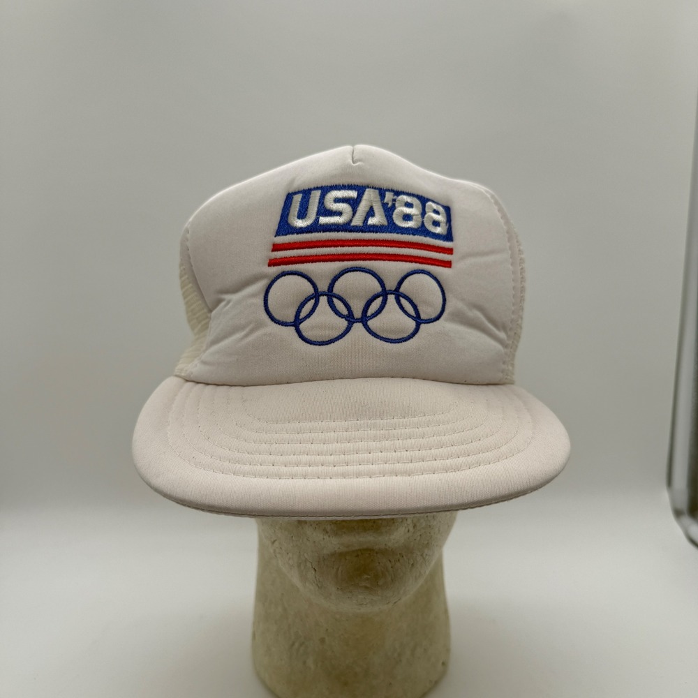 Vintage 1988 USA Olympic Games Trucker Hat White Snapback Mesh Cap 80s Retro
